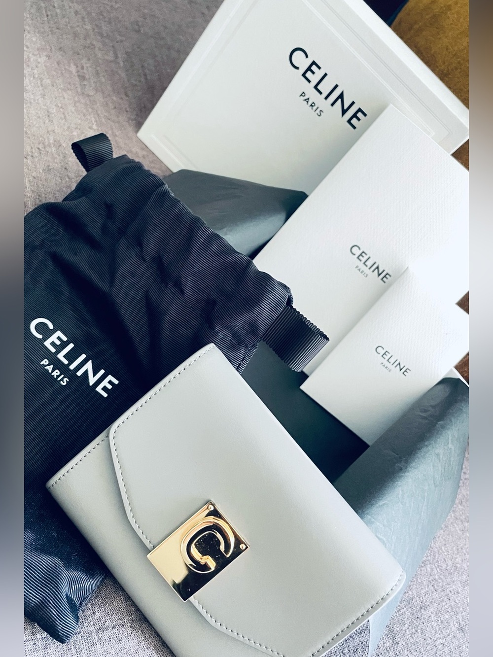 Celine Light Gray Leather Card Holder with Gold Lock